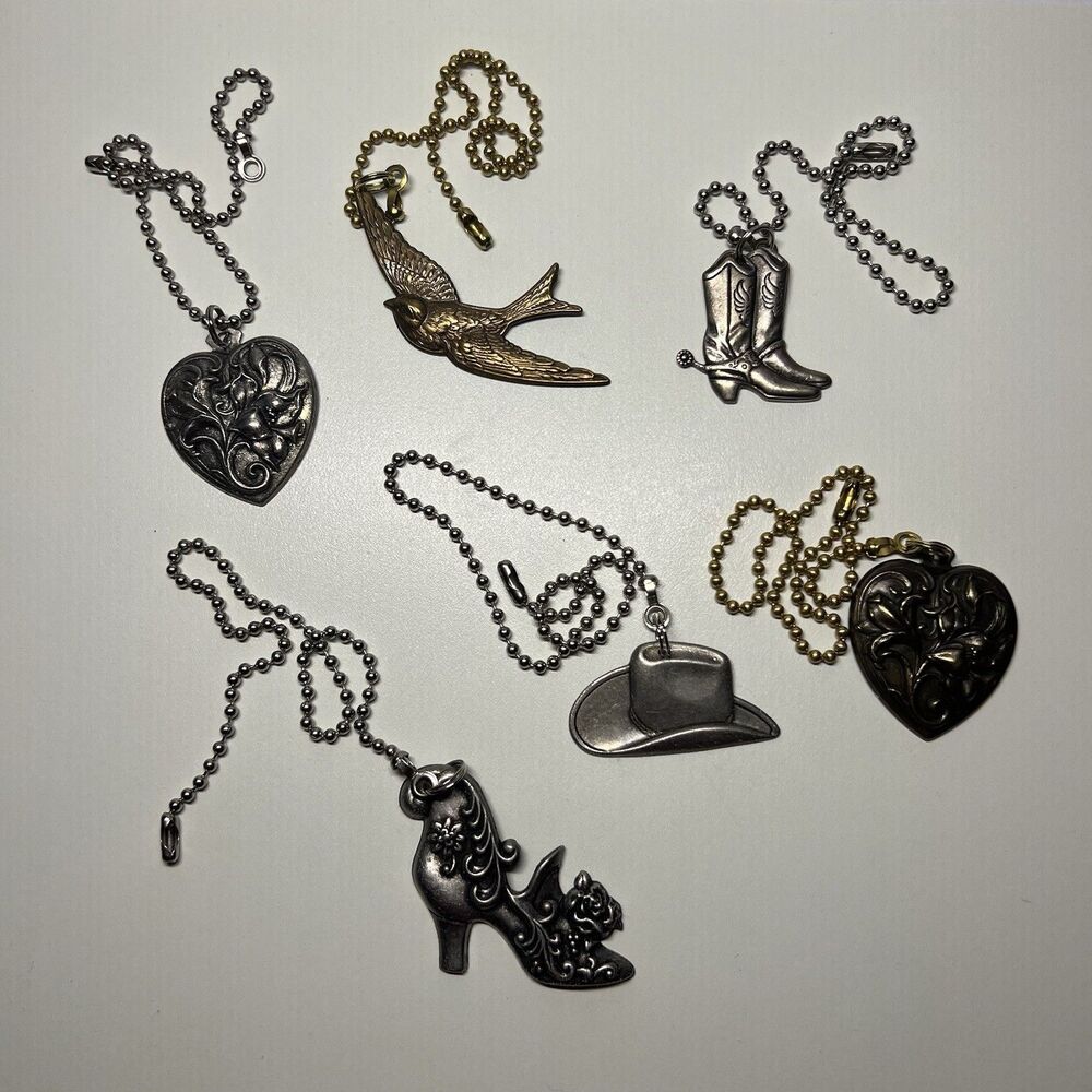 Vintage Western Charm Necklace Lot 6pc Pewter Tone Cowboy Boot Hat Heart Bird